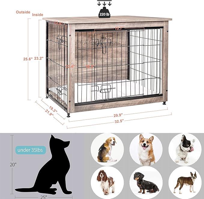 DWANTON Dog Crate Furniture with Cushion, Wooden Dog Crate with Double Doors, Dog Furniture, Indoor Dog Kennel，End Table, Medium, 32.5" L, Greige