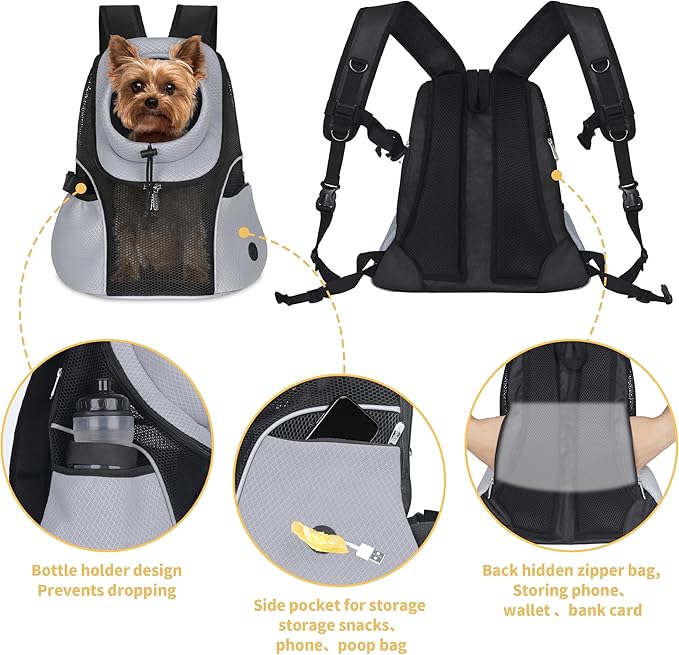 WOYYHO Pet Dog Carrier Backpack Small Dog Front Backpack Ventilated Mesh Dog Travel Back Pack with Safety Belt for Travel Hiking Cycling Outdoor Use (L (10-14 lbs), Grey)