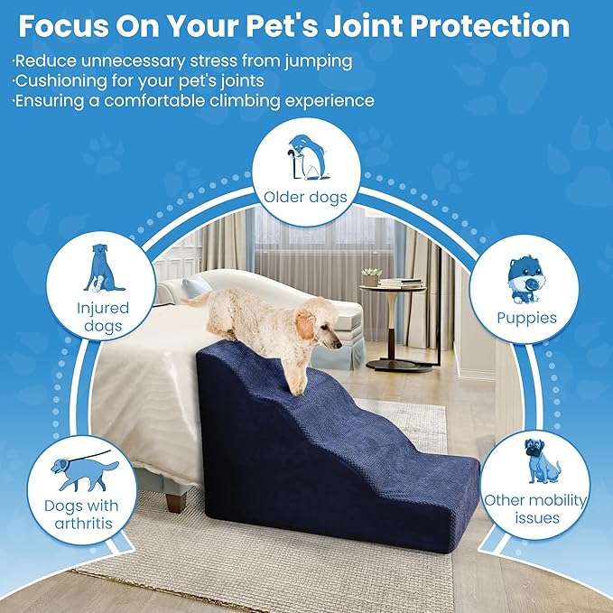 Dog Stairs 4 Steps, 19.6 inch High Pet Stairs, 30D Foam Dog Dtairs & Steps Curved Steps and Small Step Angle Protect Your Pet's Joints, Dog Steps for Small Dog, Dog Stairs to Bed, Blue