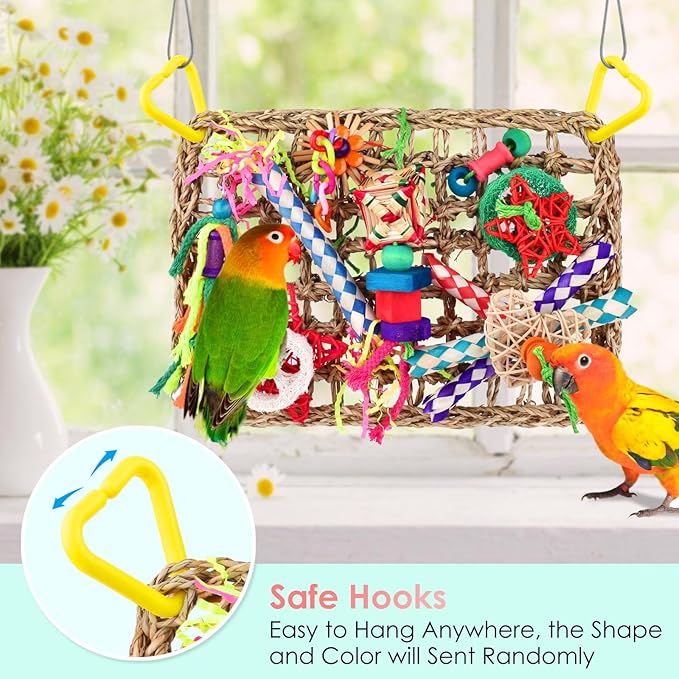 KATUMO Bird Toys, Large-Sized Parrot Foraging Wall Grass Mat Conure Chewing Hanging Toys Cockatiel Climb Hammock Parakeet Toys for Small-Medium Birds