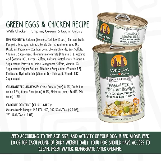 Weruva Classic Dog Food, Green Eggs & Chicken with Chicken Breast & Pumpkin in Gravy, 14oz Can (Pack of 12)