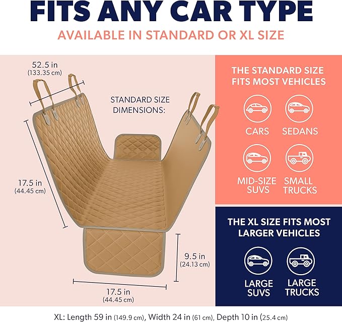 Active Pets Dog Car Seat Cover for Back Seat - Waterproof Pet Back Seat Cover for Trucks, Sedans & SUVs - Use with Chom Chom Roller Pet Hair Remover. Beige XL