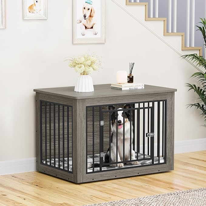 YITAHOME Dog Crate Furniture for Large Dogs, Side End Table, Modern Dogs Kennel Indoor up to 60 lb, 2-in-1 Iron-Wood Fusion Dog Cage with Waterproof Top, Safety Corners, Steel Lock,38" L,Greige