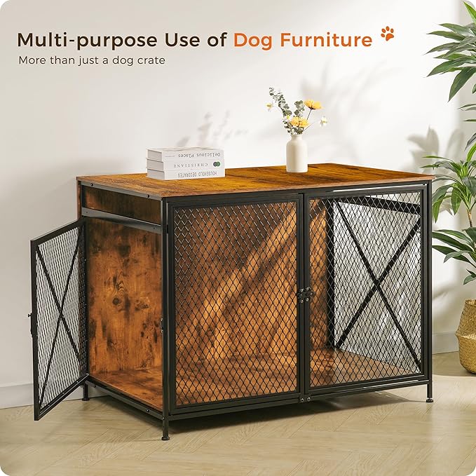 DWANTON Dog Crate Furniture, 42.5" L Three-Door Wooden Dog Kennel Indoor, Connectable expansion, Wooden Dog Crate Table for Small/Medium/Large Dog, Dog House, Dog Cage Large, Rustic Brown