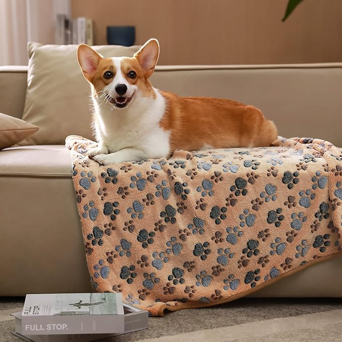 Luciphia 1 Pack 2 Pet Blankets for Dogs Cats, Fleece Print Dog Cat Blankets for Small Medium Large Puppy Kitten, Paw Brown White Large(41x31 inch)