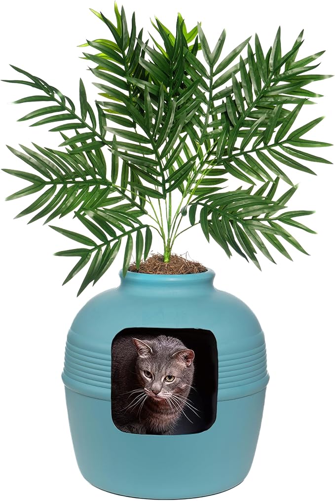 Good Pet Stuff, The Original Hidden Litter Box Base Kit, Round Enclosed Cat Litter Box Planter with Artificial Plants, Vented Carbon Odor Filter System, Florist Moss, Easy to Clean, Caribbean Blue