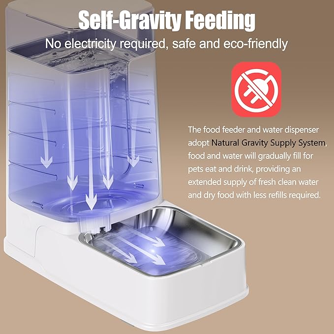 Automatic Cat Feeder and Cat Water Dispenser Set with Stainless Steel Bowls Gravity Dog Feeder for Small Medium Big Dog Pets Puppy Kitten, 1 Gallon x 2