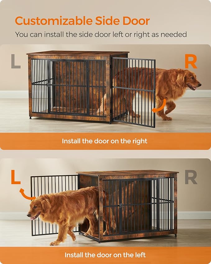 Feandrea Dog Crate Furniture, Side End Table, Modern Kennel for Dogs Indoor up to 80 lb, Heavy-Duty Dog Cage with Enclosed Base, Double-Door Dog House, Rustic Brown UPFC024X01