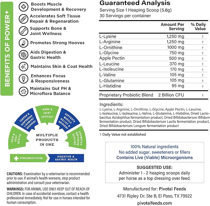 Power+ Horse Supplement (174g/0.38lbs - 30 Servings) - 9 Equine Amino Acids Plus Probiotics for Horses - No Added Sugar, No Soy, No Fillers - Horse Joint Support Supplement