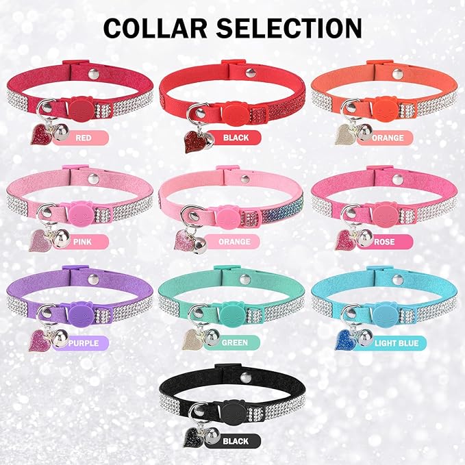 Rhinestone Cat Collar Breakaway with Bell, Diamond Cat Collar with Safety Buckle Quick Release for Girl Boy Small Kitten Pets Puppy,Cute Soft Female Male Cat Collars, Color Rose 8-12"