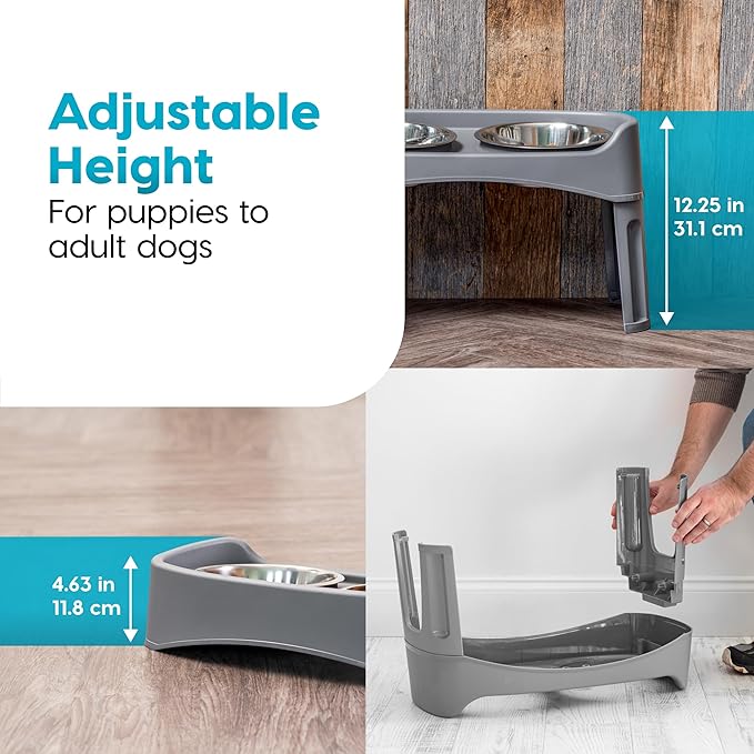 IRIS USA Elevated Dog Bowls, Adjustable Height, 2 Thick 64 oz Stainless Steel Bowls, Spill-Proof with Raised Outer Rim, Durable Made in USA Plastic, Easy Assemble, 2 Heights 4.63" or 12.25" Dark Gray