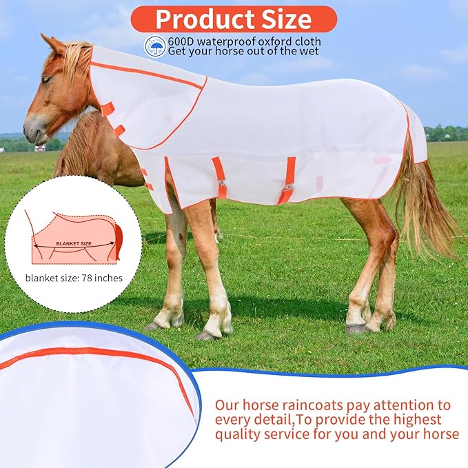 2 Pieces 600d Waterproof Horse Sheet 78" Size Stylish White and Orange Horse Vest with Neck to Protect Your Horse Against Flies and UV Brace for Summer and Rainy