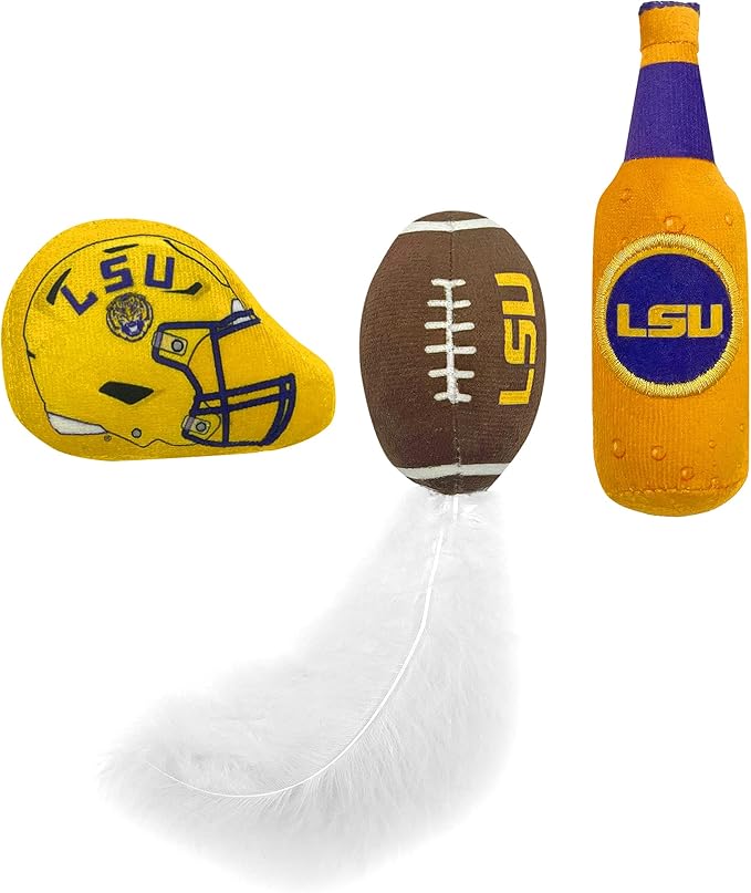 Pets First Best Plush CAT Toy - NCAA LSU Complete Set of 3 Piece Cat Toys Filled with Fresh Catnip. Includes: 1 Helmet Cat Toy, 1 Football Cat Toy with Feathers & 1 Beer Bottle. Beautiful Team Logos