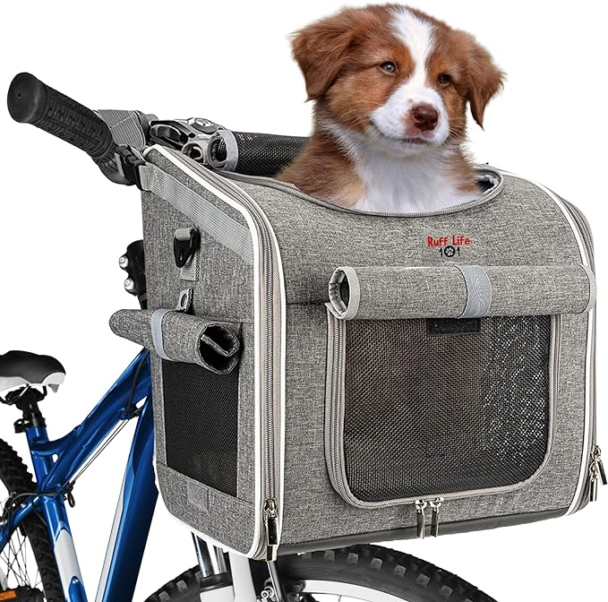 Dog Bike Basket, Expandable Soft-Sided Reflective Pet Carrier Backpack with 4 Open Doors, 4 Mesh Windows for Medium Small Dog Cat Puppies (Grey)