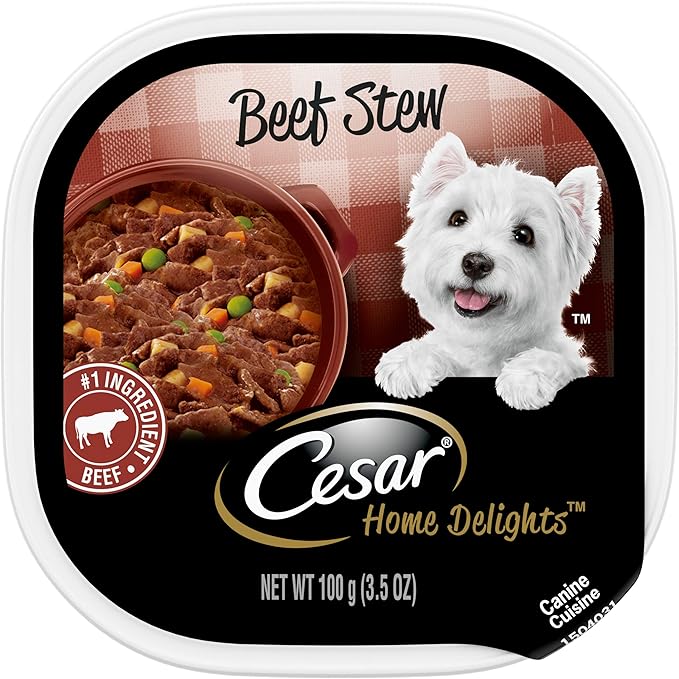 CESAR HOME DELIGHTS Soft Wet Dog Food Beef Stew, Easy Peel Trays, 3.5 Oz (Pack of 24)