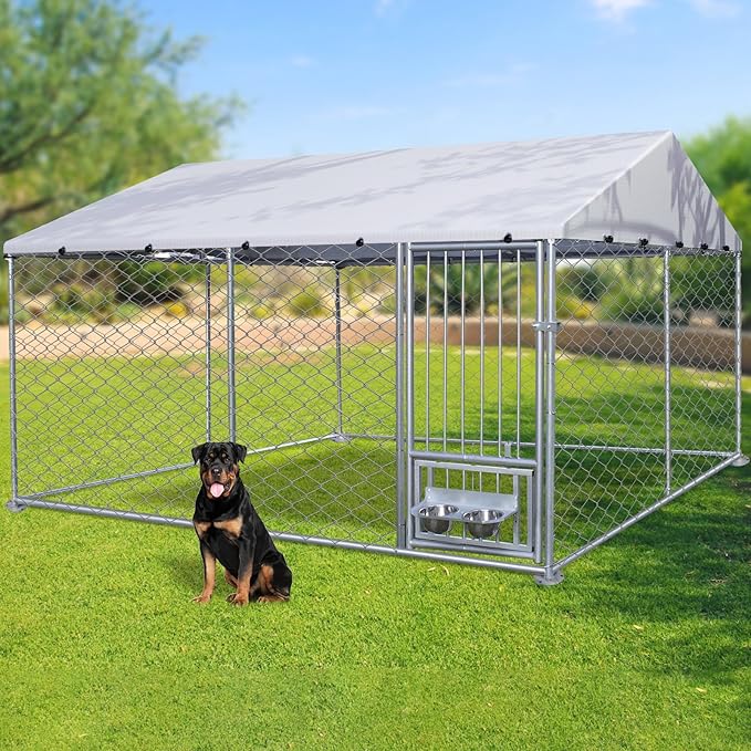 Large Outdoor Dog Kennel with Roof, 10'×10' Outside Dog Kennel Heavy Duty Dog Run Fence with Waterproof Sun-Proof Cover and 2 Stainless Steel Dog Bowl