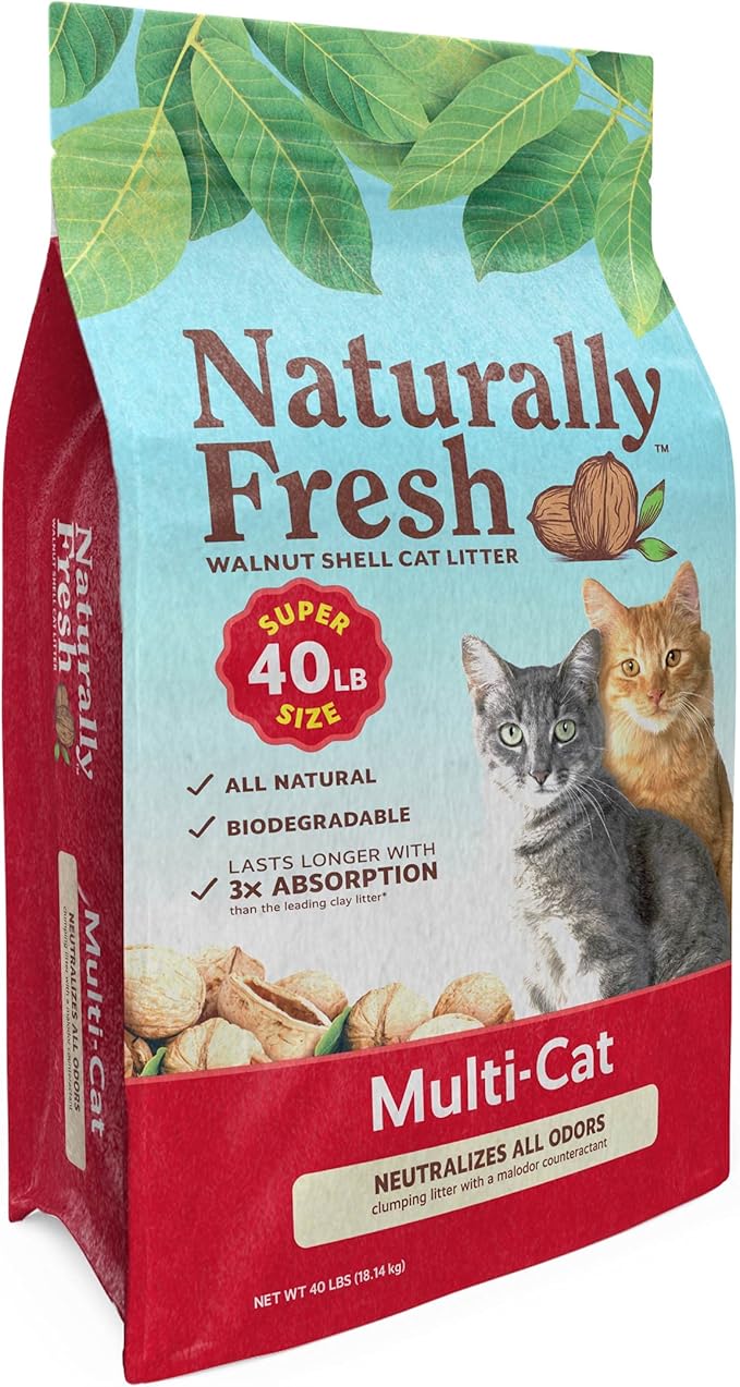 Eco-Shell Naturally Fresh Cat Litter Made from Walnut Shells, Multi Cat, Unscented, Biodegradable, Dust-Free, Sustainable, 40 Lbs