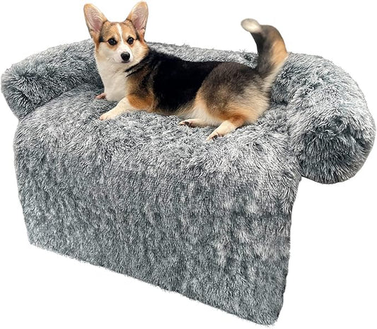 Large Calming Dog Bed Dog Sofa Couch Beds for Medium, Large Dogs and Cats Fluffy Plush Dog Mats for Furniture Protector with Washable Cover (41x37x6, Light Gray)