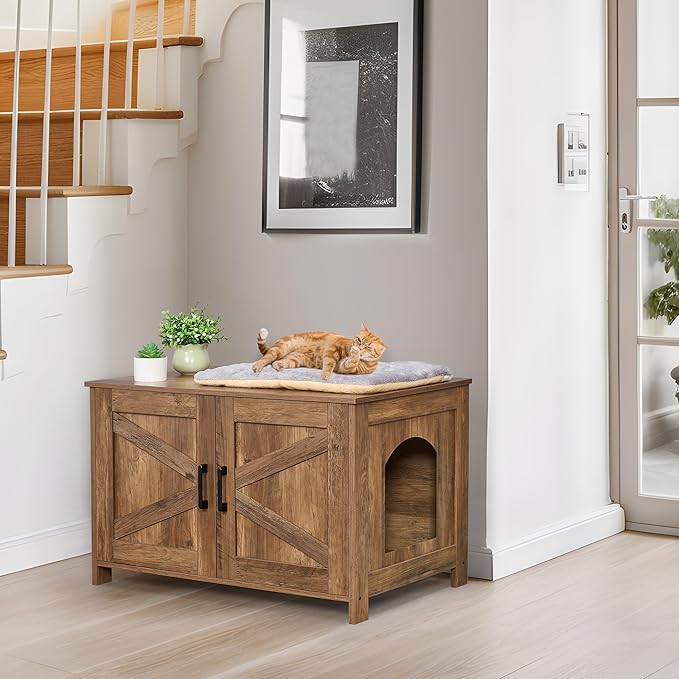 Cat Litter Box Enclosure,Litter Box Furniture Hidden with Barn Door,Wooden Cat Washroom Furniture,Cat House,Fit Most of Litter Box, Rustic Walnut