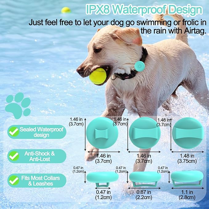 IPX8 Waterproof AirTag Dog Collar Holder, Hidden Air Tag Case for Cat Collar, Anti-Lost Silicone Cover for AirTag GPS Tracker Compatible with Pets Loop, Fits All Width Collars(Mint Green S)