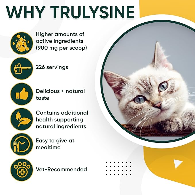 Trulysine Plus L-Lysine for Cats Immune Support Oral Powder 8oz/226g - Cats & Kittens of All Age, Sneezing, Runny Nose Squinting, Watery Eyes Chicken Liver Flavor (U.S.A)(226 Grams (900mg / Scoop))