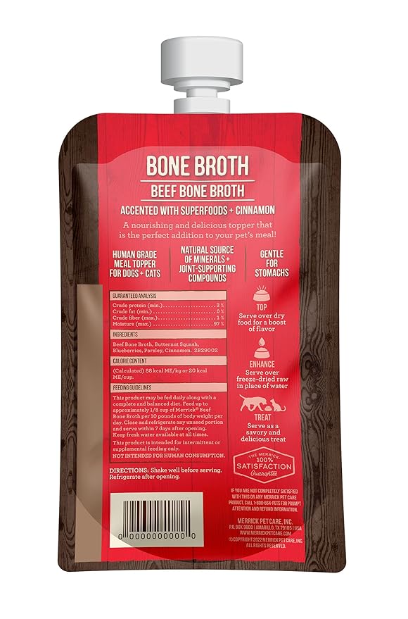 Merrick Grain Free Bone Broth Natural Meal Topper for Dogs, Accented with Superfoods & Cinnamon, for Adult Dogs of All Breeds Beef, 7 Ounce,(Pack of 6)