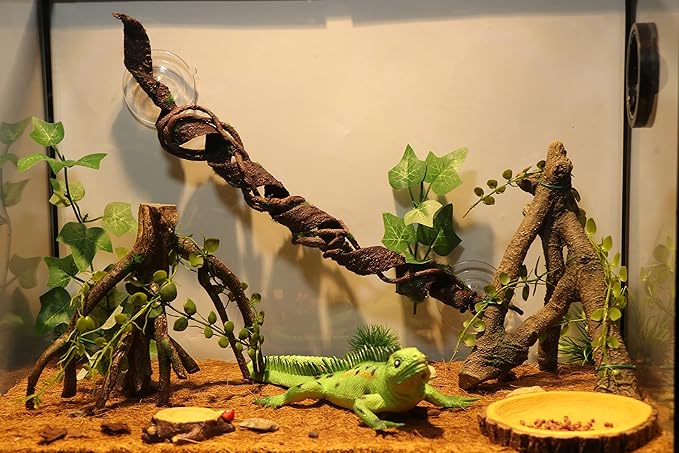 AQUA KT Reptile Corner Branch with Green Leaves Terrarium Desert Habitat Decoration for Lizard Snake Bearded Dragon Chameleon Hermit Crab Leopard Gecko Amphibian Climbing