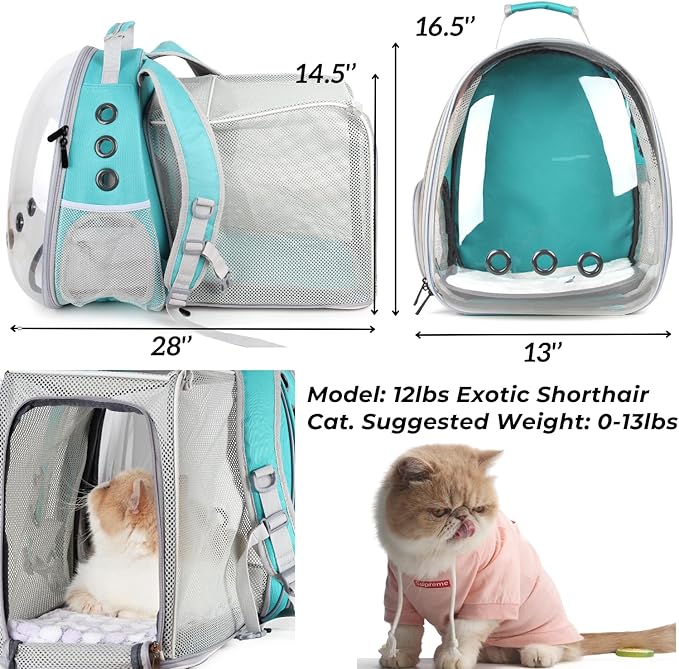 LOLLIMEOW Pet Carrier Backpack, Bubble Backpack Carrier, Cats and Puppies,Airline-Approved, Designed for Travel, Hiking, Walking & Outdoor Use (Square Expandable-Green)