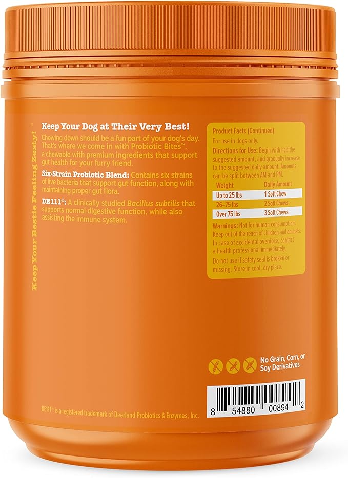 Zesty Paws Probiotics for Dogs - Digestive Enzymes for Gut Flora, Digestive Health, Diarrhea & Bowel Support - Clinically Studied DE111 - Dog Supplement Soft Chew for Pet Immune System - 250 Count