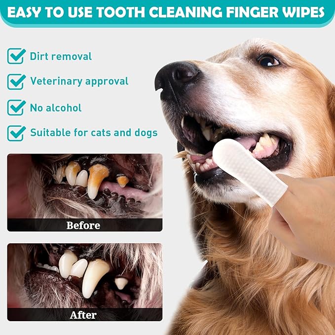 Teeth Cleaning Finger Wipes for Cat & Dog & Rabbit.Reduces Plaque & Freshens Breath Finger Wipes, Disposable Gentle Cleaning & Gum Care Pet Wipes (50PCS)