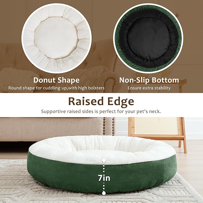 Love's cabin Round Donut Cat and Dog Cushion Bed, 25in Pet Bed for Small or Medium Dogs, Anti-Slip & Water-Resistant Bottom, Soft Durable Fabric Pet Beds, Washable Calming Cat & Dog Bed Green