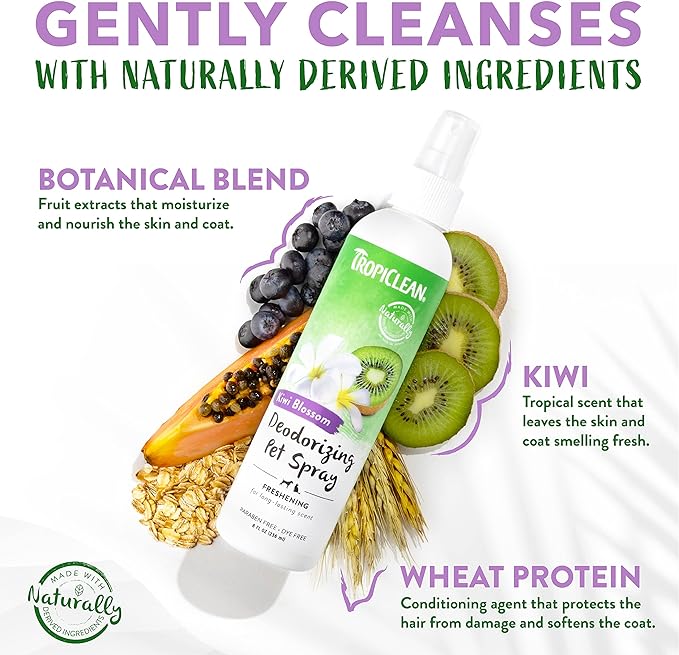 TropiClean Kiwi Blossom Dog Perfume Spray Long Lasting | Naturally Derived Odor Removing Dog Deodorizing Spray | Cat Friendly | Made in USA | 8 oz.