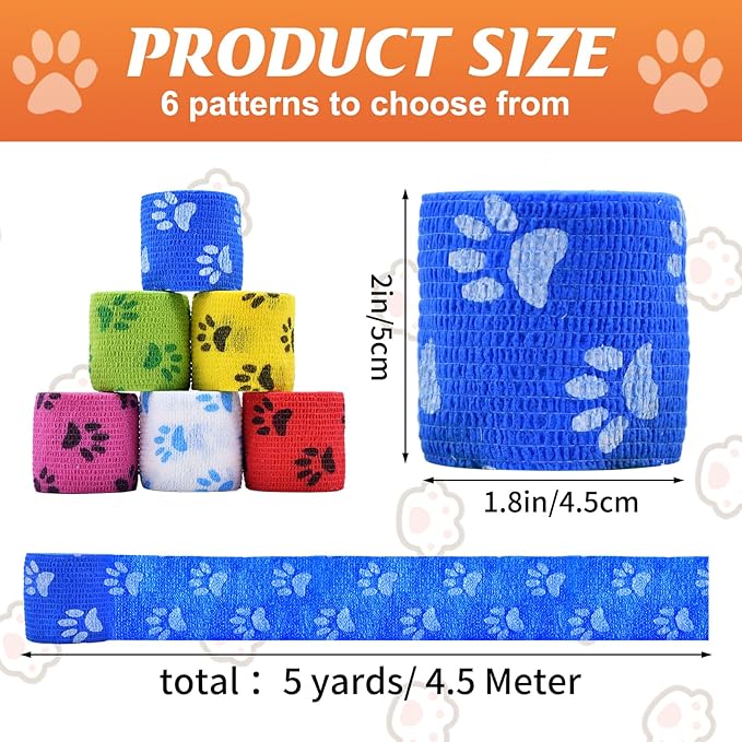 6 Roll 2 Inch x 5 Yards Paw Print Pet Vet Wrap for Dogs Cats, Cohesive Bandages in Bulk, Colorful Non-Woven Self Adhesive Bandages Wrap Roll for Pet Animals Wound Care, Ankle Sprains and Swelling