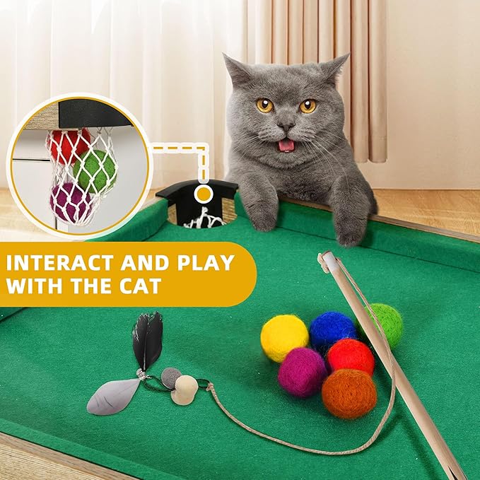 DWVO 2-in-1 Litter Box Enclosure Hidden with Cat Pool Table, Cat Litter Box Enclosure Furniture for Indoor, Wooden Cat Cabinet with Mini Pool Table Tower, 1 Feather Teaser Sticks & 6 Felt Balls, White