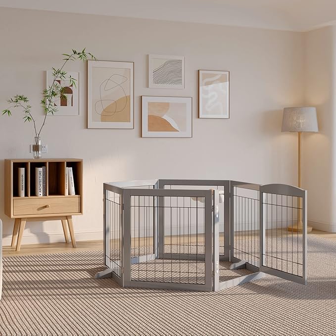 Folding Pet Gate 144" Wide, 30" Tall No-Assembly Wooden Dog Gate with Door Walk Through, Freestanding Wire Pet Gate, Pet Puppy Safety Fence, with 2PCS Support - Gray