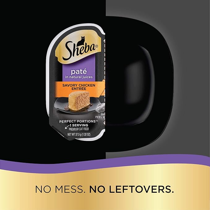 SHEBA Perfect Portions Paté Wet Cat Food Trays (24 Count, 48 Servings), Savory Chicken, Roasted Turkey, and Tender Beef Entrée, Easy Peel Twin-Pack Trays