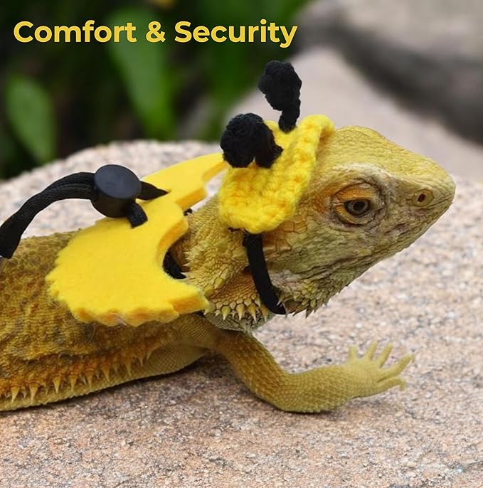 Adjustable Bearded Dragon Harness with Wings and Bee Hat Set, Lizard Leash Cute Hats for Small Reptiles Geckos Hamster, Bearded Dragon Stuff, Leopard Gecko Accessories (Head Cover+Traction Rope)