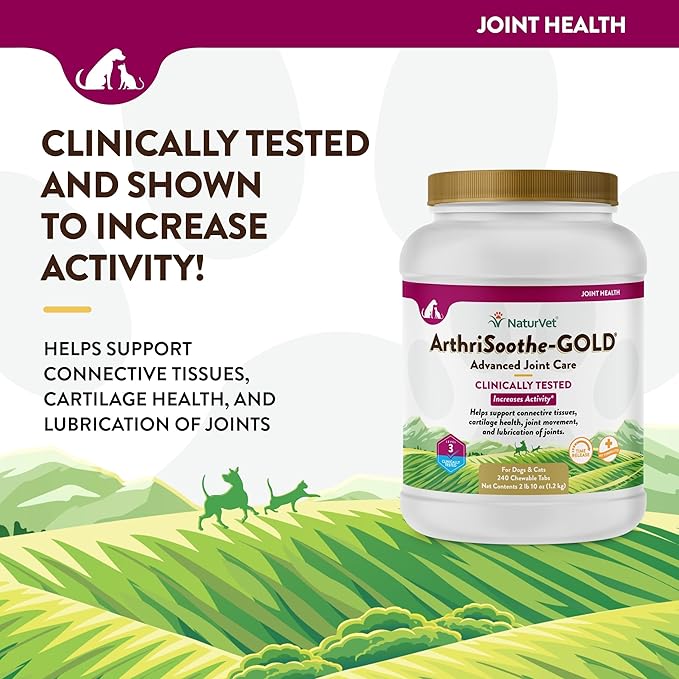 NaturVet Clinically Tested ArthriSoothe-Gold Level 3 Advanced Joint Care for Dogs and Cats, 240 ct Time Release, ChewableTablets, Made in USA