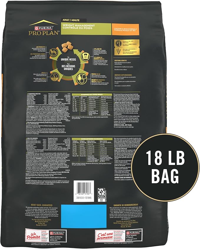 Purina Pro Plan Weight Management Dog Food With Probiotics for Dogs, Chicken & Rice Formula - 18 lb. Bag
