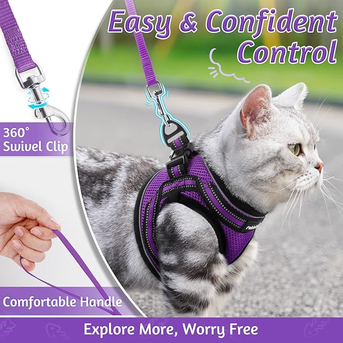 rabbitgoo Cat Harness and Leash Set for Walking Escape Proof, Adjustable Soft Kittens Vest with Reflective Strip for Cats, Comfortable Outdoor Vest, Purple, L