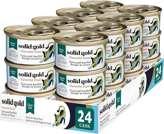 Solid Gold Wet Cat Food Pate for Adult & Senior Cats - Made with Real Tuna & Sardine - High Protein Grain Free Wet Cat Food for Healthy Digestion, Skin, Coat & Sensitive Stomach - 3oz (24 Count)