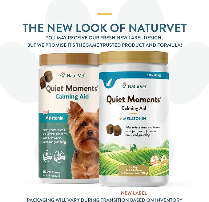 NaturVet Quiet Moments Calming Aid Melatonin Dog Supplement – Helps Reduce Stress in Dogs – for Pet Storm Anxiety, Fireworks, Motion Sickness, Grooming, Separation, Travel – 240 Ct. Chews