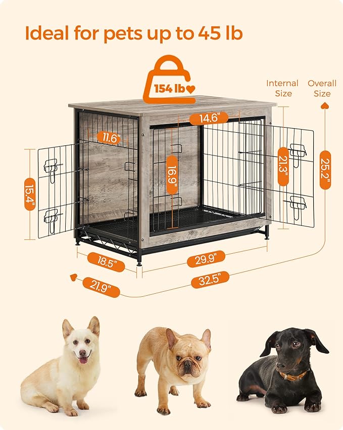 Feandrea Dog Crate Furniture, Side End Table, Modern Kennel for Dogs Indoor up to 45 lb, Heavy-Duty Dog Cage with Multi-Purpose Removable Tray, Double-Door Dog House, Greige UPFC002G01