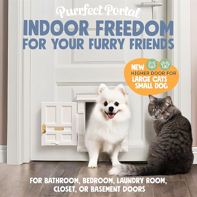 Beacon Hill Interior Cat Door White with Gold Accents - Durable Indoor Cat Door for Tall Cats or Dogs, No Flaps, Easy DIY Pet Door, Spacious Large Kitty Door for Cats Up to 20 lbs, by Purrfect Portal