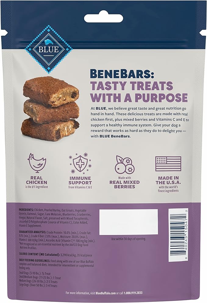 Blue Buffalo Benebars Natural Dog Treats, Immune Support, Chicken and Mixed Berries, 9oz Bag