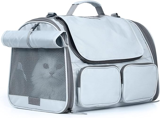 FUKUMARU Cat Carrier, Soft-Sided Small Dog Carrier, Large Cat Travel Bag with 4 Mesh Windows, Under 15 lb Airline Approved Pet Carrier with 4 Storage Pockets, Rollable Cover for Nervous Cats, Grey