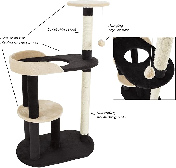 3-Tier Cat Tower - Indoor Feline Furniture with 2 Napping Perches, 2 Sisal Rope Scratching Posts, Peek Hole, and Fun Hanging Toy by PETMAKER (Black)