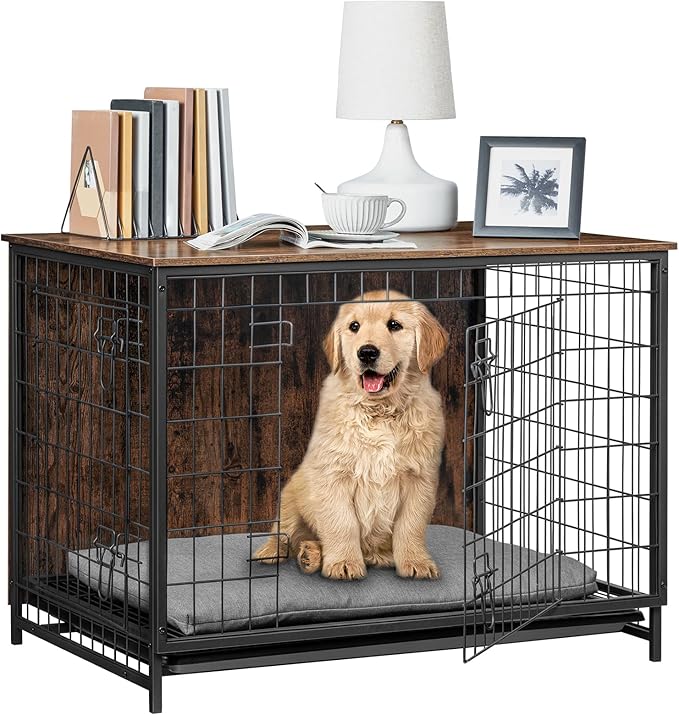 Dog Crate Furniture, Wooden Dog Kennel with Removable Tray, Heavy-Duty Dog Cage End Side Table, Indoor Dog House for Small/Medium/Large Dogs, 37.8" L, Rustic Brown DCHR0301Z