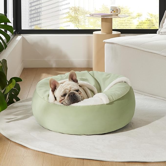 Lesure Medium Dog Bed with Cover Cave - Covered Round Dog Bed for Medium Sized Dog, Machine Washable Burrow Dog Bed with Hooded Blanket, Cuddler Cozy Cave Dog Bed with Anti-Slip Bottom, Green 26"