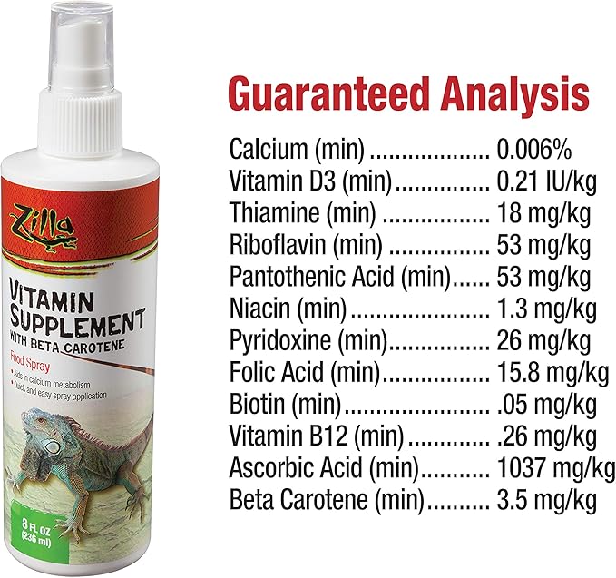 Zilla Vitamin Supplement Food Spray, with Carotene, Spray-on Multivitamin Supplement for Reptiles